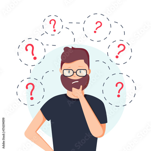 Young hipster business man thinking standing under question marks. Vector flat cartoon illustration character icon.