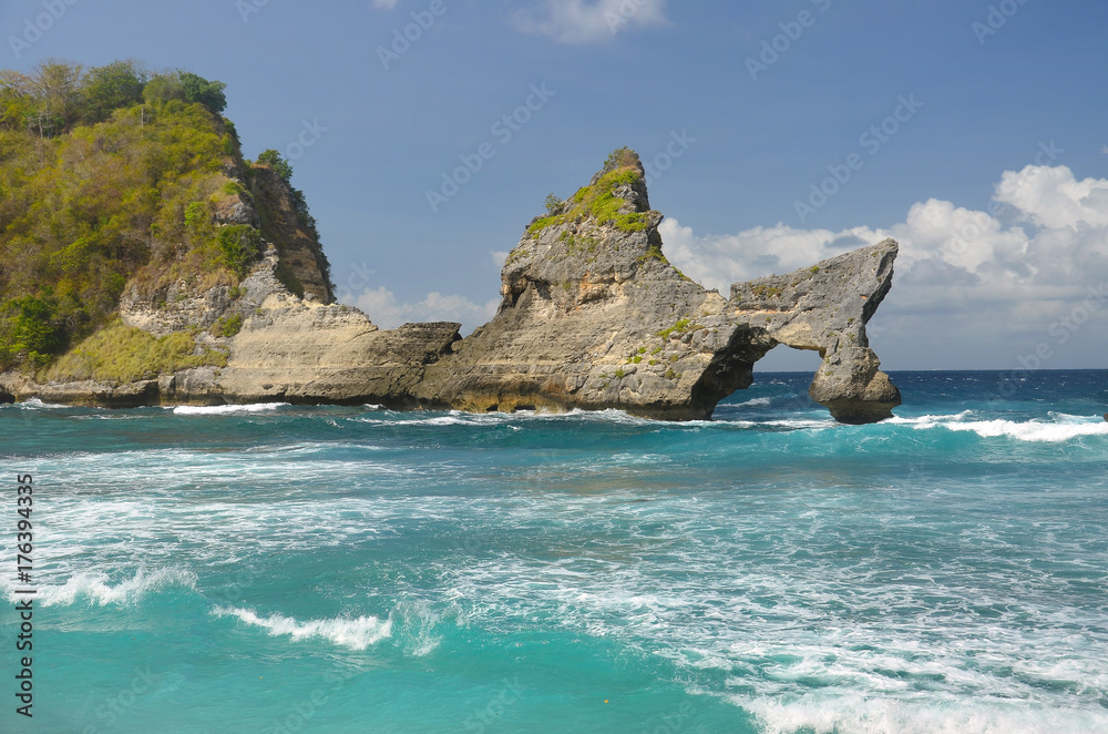 Picturesque rock on the Atuh Beach in Nusa Penida island, Klungkung regency, Bali, Indonesia