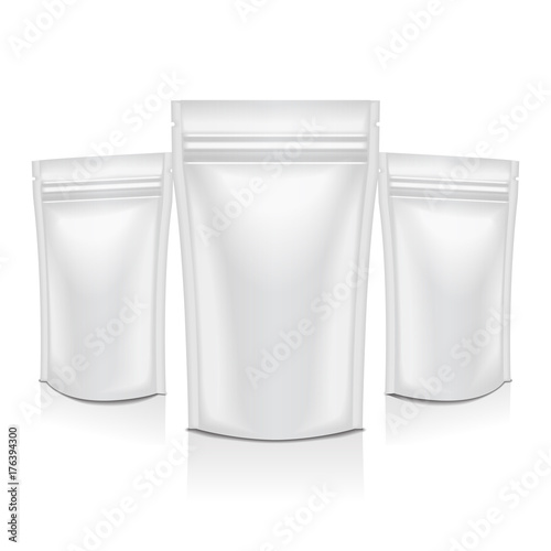 Set of Vector White Blank Foil Food or Cosmetic Pack Pouch Sachet Bag Packaging with Zipper. Isolated Mock up template