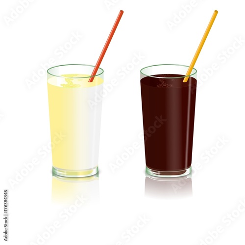 Glasses with a cocktail. Set with milk or caramel and chocolate drink.