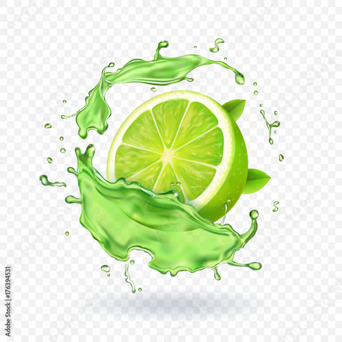 Valokuva Fresh lime in juice splash Isolated fruit vector illustration