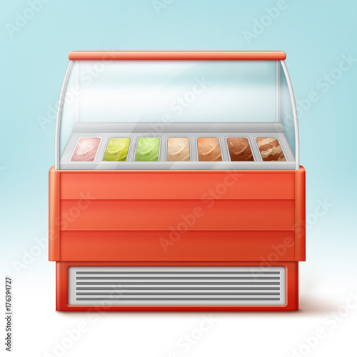 Vector red fridge for ice cream with variety of flavors isolated on light blue background