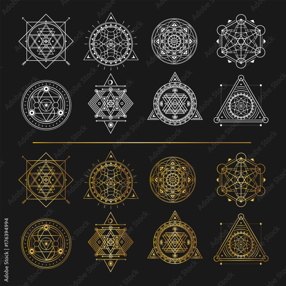 Set of gold and white sacred symbols on black background . Vector elements .