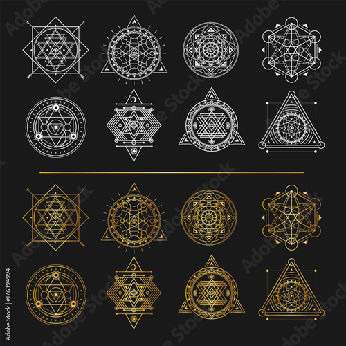 Set of gold and white sacred symbols on black background . Vector elements .