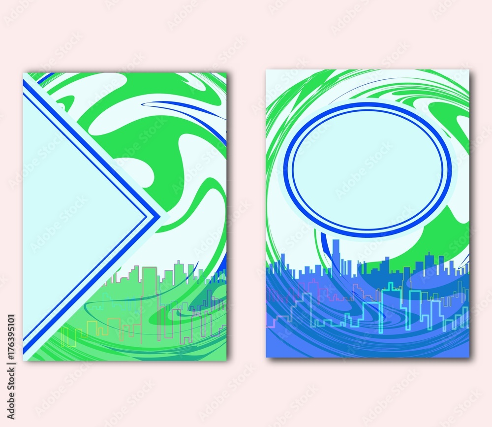 Set of Earth Day Eco Concept Flyer or cover Design. Green Organic Circle on City Background. World Environment Day Idea with silhouette urban and waves.
