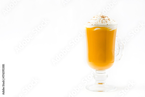 Pumpkin spiced latte isolated on white background.Copyspace

