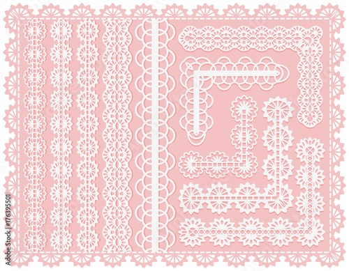 Set of lace seamless ribbons or brushes for design and decoration of invitations and cards. Delicate vintage weave of white threads.