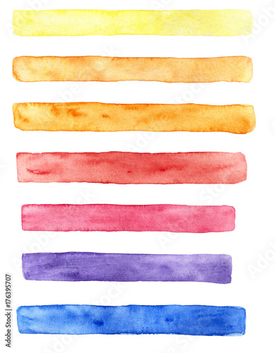 Hand drawn watercolor set of brush strokes of different colors: yellow, orange, red, blue and purple. Textures for your design.