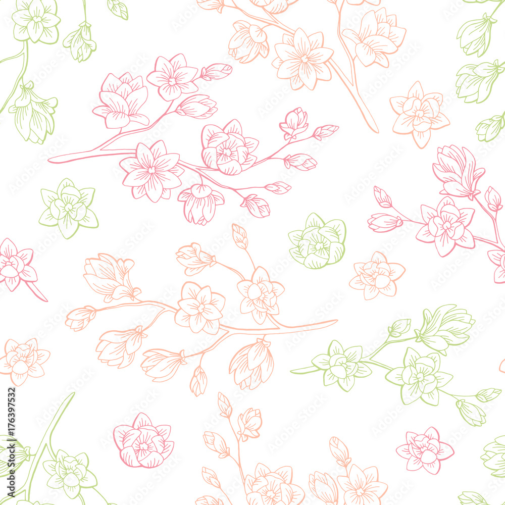 Magnolia flower graphic color sketch seamless pattern illustration vector
