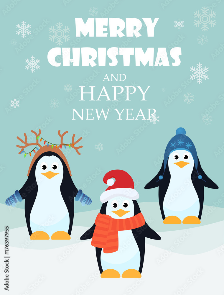 Vector illustration of adorable penguins with Merry Christmas and happy New Year greeting card.
