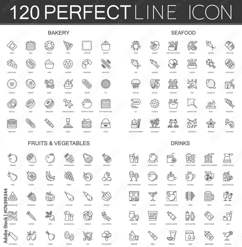 120 modern thin line icons set of bakery, seafood, fruits and vegetables, drinks.