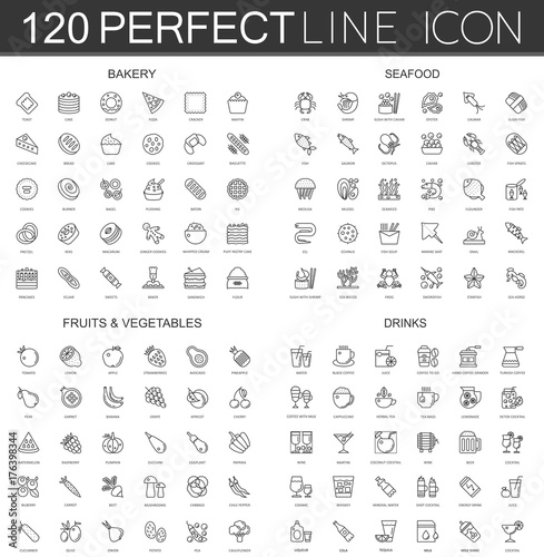 120 modern thin line icons set of bakery, seafood, fruits and vegetables, drinks.