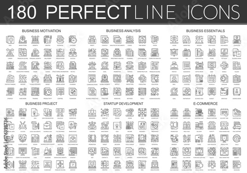 180 outline mini concept icons symbols of business motivation, business analysis, business essentials, business project, startup development, e commerce icon