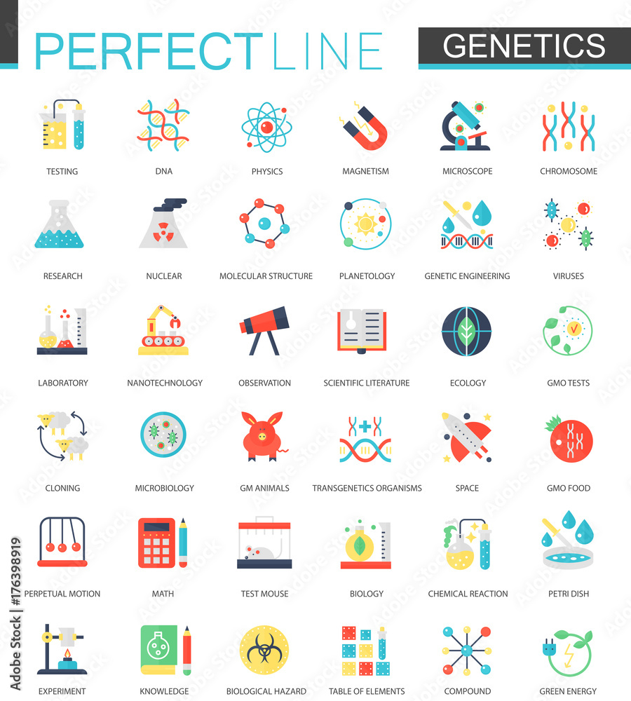 Vector set of flat Biochemistry genetics icons. Vector set of flat Biochemistry genetics icons.