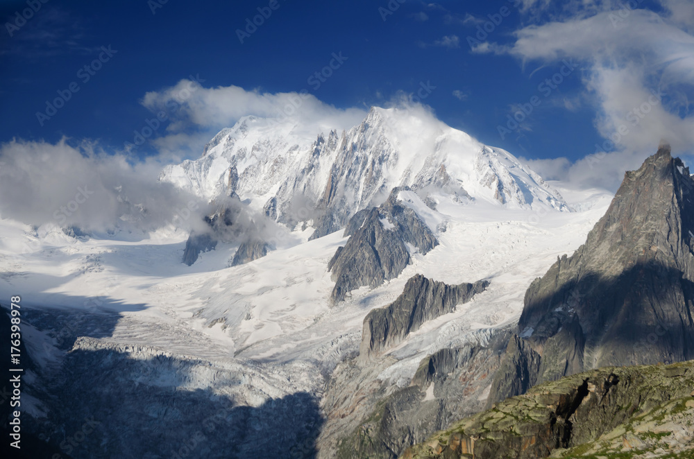 Snowy peak of Mont Blanc in french Alps with fresh snow