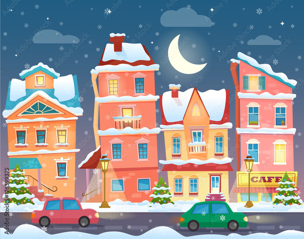 Fototapeta Vector Xmas card with a decorated snowy old city town at Christmas eve in night.