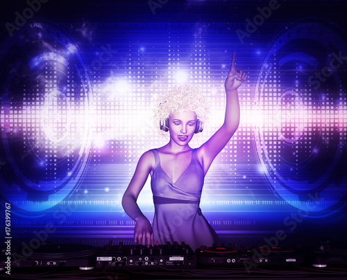 3d illustration of Confident dj girl at nightclub party,Mixed media
