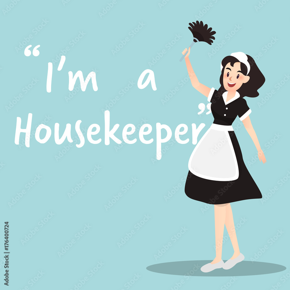 Housekeeper character with broom on sky blue background