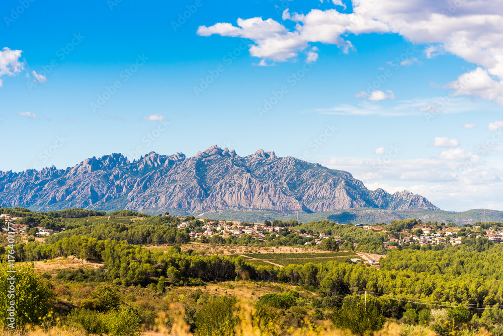 View of the mountain of Montserrat, Barcelona, Catalunya, Spain. Copy space for text.