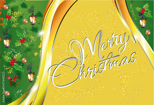 Christmas greeting card. Hand drawn vector Illustration of the Christmas tree background decorated with a New Year's garland.