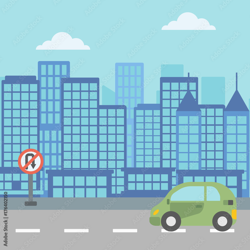 Background of modern city with a car on a road vector  vector flat design illustration. Square layout.