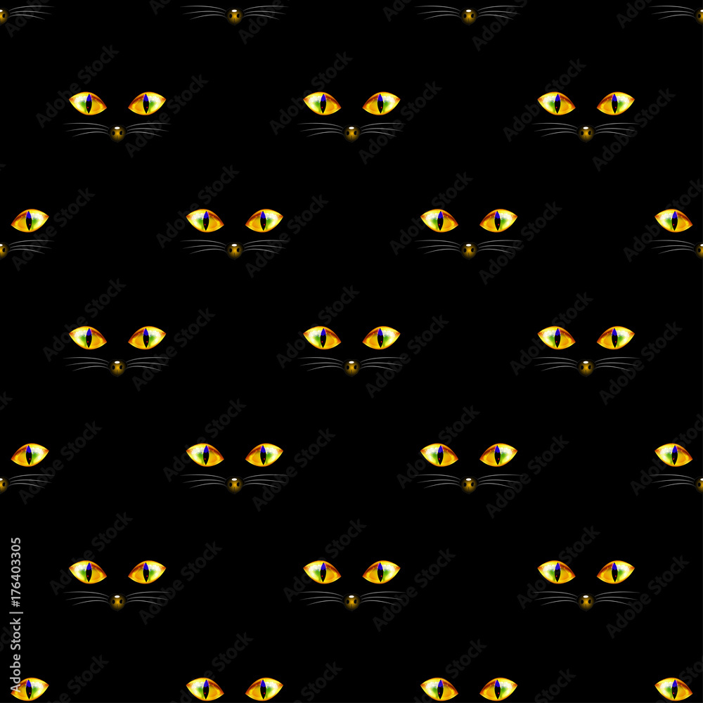 Cat Golden Eye Seamless on Black Background