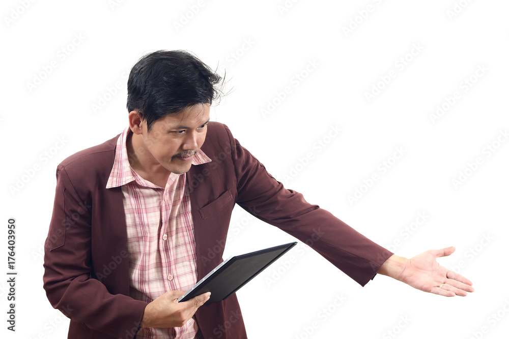very welcomimg Businessman showing take a seat please hands sign isolate on white background very welcomimg Businessman showing take a seat please hands sign isolate on white background