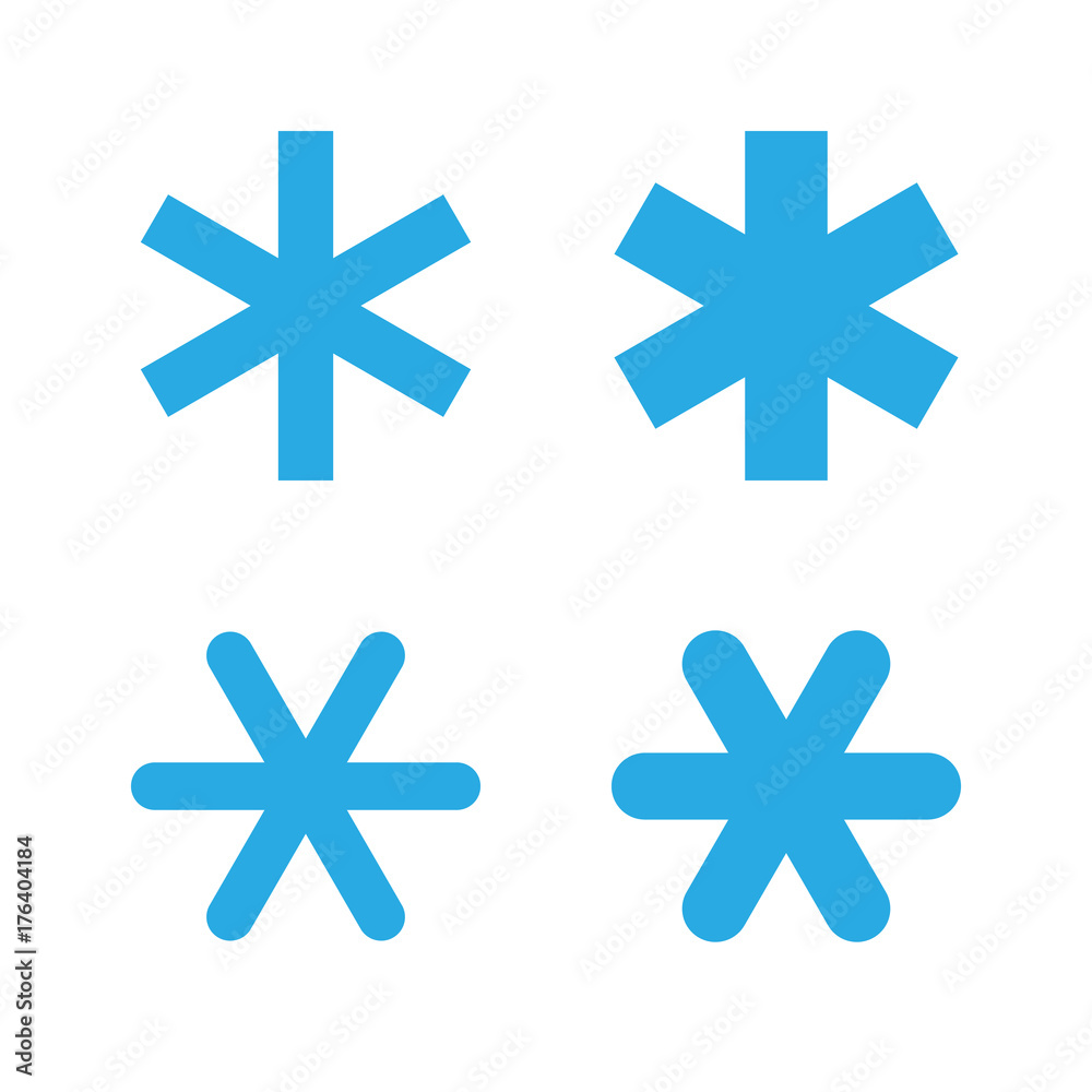 Snowflakes signs set. Blue Snowflake icons isolated on white background. Snow flake silhouettes. Symbol of snow, holiday, cold weather, frost. Winter design element Vector illustration Snowflakes signs set. Blue Snowflake icons isolated on white background. Snow flake silhouettes. Symbol of snow, holiday, cold weather, frost. Winter design element Vector illustration