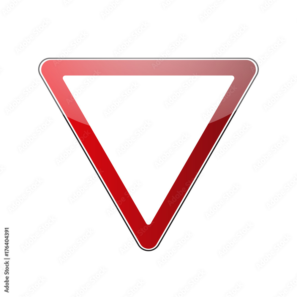 Yield triangle sign blank. Traffic red road sign isolated on white background. Warning street safety icon for transportation. Glossy sign with reflection. Vector illustration Yield triangle sign blank. Traffic red road sign isolated on white background. Warning street safety icon for transportation. Glossy sign with reflection. Vector illustration