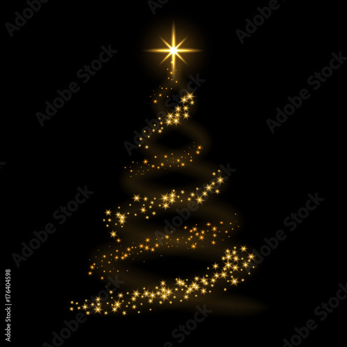 Christmas tree card background. Gold Christmas tree as symbol of Happy New Year, Merry Christmas holiday celebration. Golden light decoration. Bright shiny design Vector illustration