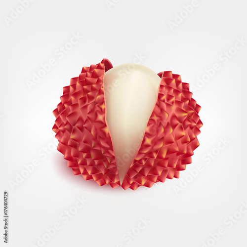 Ripe fresh cracked peel, smooth juicy flesh inside litchi fruit realistic vector isolated on white background. Weird exotic tropical fruit from asia with sweet flavoring taste icon