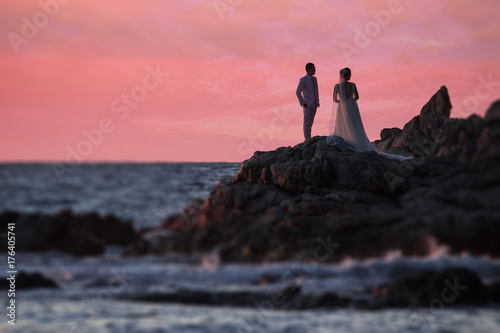 Romance and love with marriage ceremony on the beach.