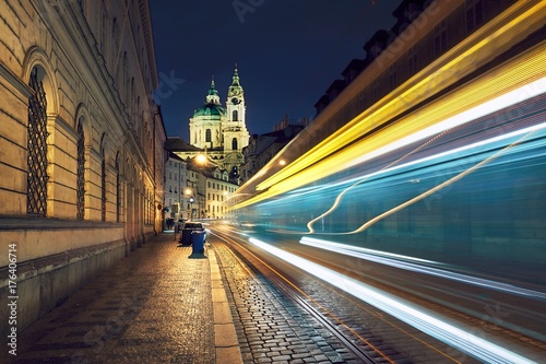 Traffic on the ancient street in Prague