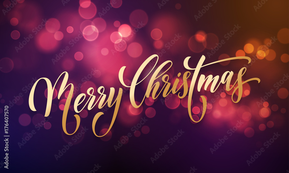 Merry Christmas greeting card of sparkling festive bokeh light background and golden calligraphy lettering wish, Vector festive glitter shine with light effect for Christmas or New Year holiday