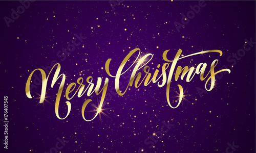 Merry Christmas wish greeting card of gold glitter confetti or sparkling fireworks on premium luxury blue background. Vector golden calligraphy lettering design for New Year or Christmas holiday
