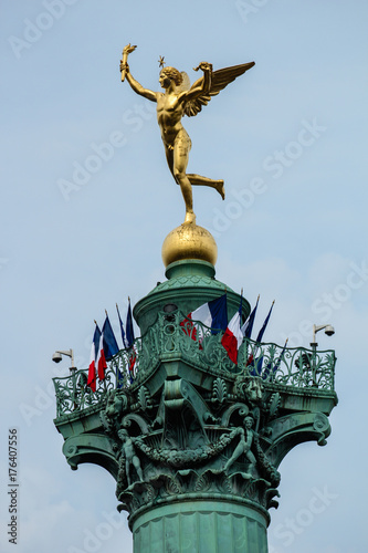 Gilt bronze statue of The Genius of Liberty, 1833, by Augustin Dumont (1801–1884) topping the July Column at the Place de la Bastille in Paris, shows Mercury who broken his chains and is liberated