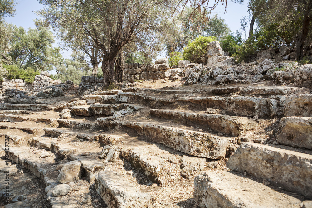 Ruins of the antique greek theater, Kedrai, Sedir island, Gulf of Gokova, Aegean Sea, Turkey