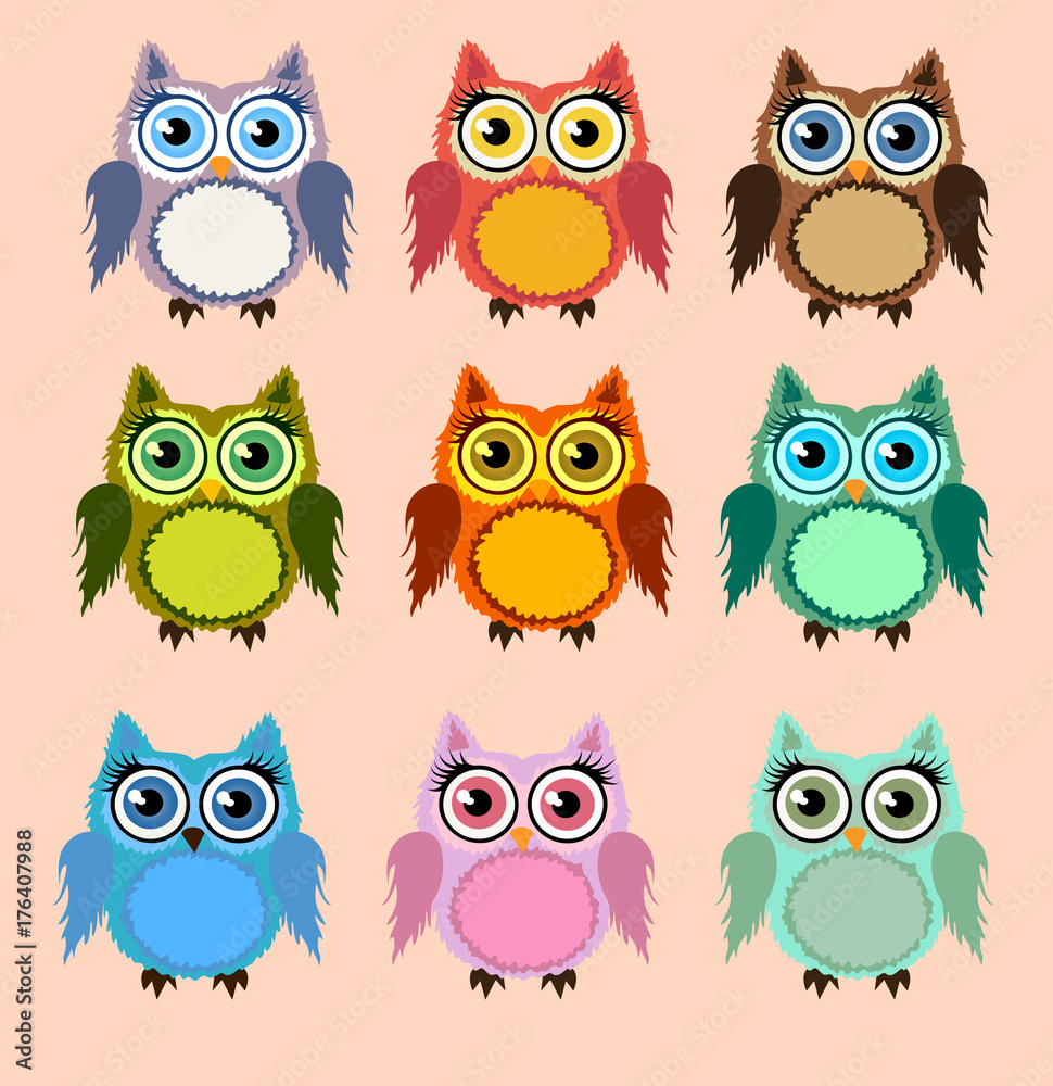 A set of nine lovely owls-girls in circles with bows on ears and eyes A set of nine lovely owls-girls in circles with bows on ears and eyes