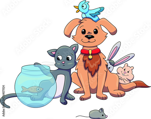 Group of pets from a pet shop sitting together. Cat, dog, fish, hamster, bunny, mouse, bird. Vector illustration