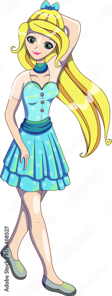 Cute fashion girl walking with blue dress. Vector illustration Cute fashion girl walking with blue dress. Vector illustration