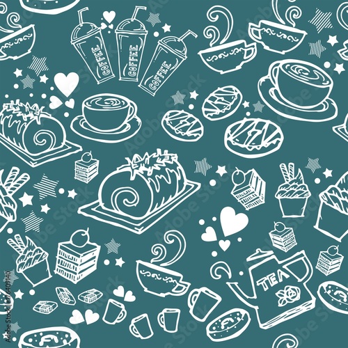 various coffee,cake,cupcake,Sandwich,cookie , appetizer and beverage seamless pattern sketch drawing line by white pen vector with sea blue background