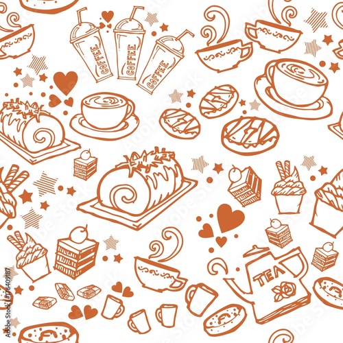 various coffee cake cupcake Sandwich cookie   appetizer and beverage seamless pattern sketch drawing line by brown pen vector with white background