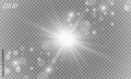 White glowing light burst explosion with transparent. Vector illustration for cool effect decoration with ray sparkles. Bright star. Transparent shine gradient glitter  bright flare. Glare texture.