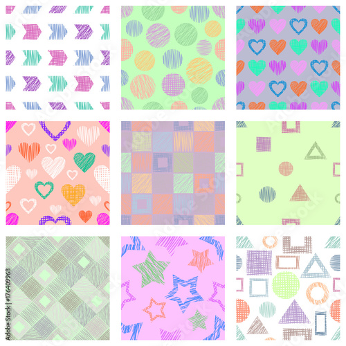 Set of seamless vector geometrical patterns with different geometric figures, forms. pastel endless background with hand drawn textured geometric figures. Graphic vector illustration