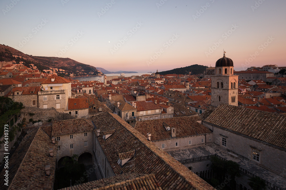 Panorama of the old city of Dubrovnik at sunset