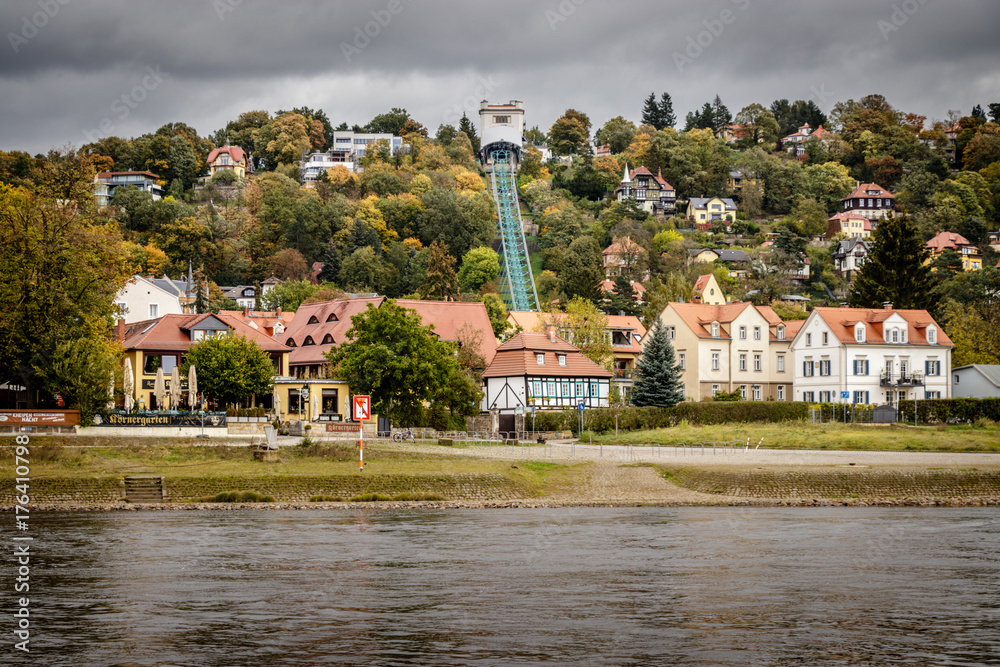Obraz premium Old funicular in Dresden's district Loschwitz, The Dresden Suspension Railway is one of the oldest suspension railways a kind of hanging monorail in the world, having opened in 1901.