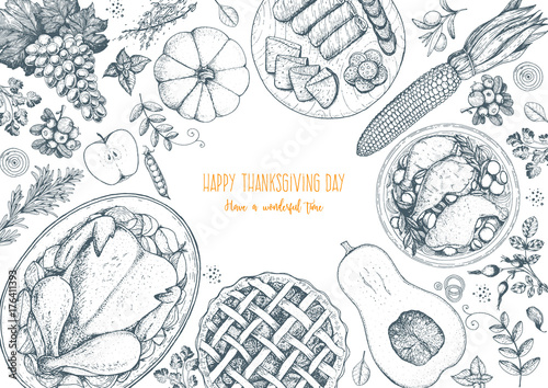 Thanksgiving day top view vector illustration. Food hand drawn sketch. Festive dinner with turkey and potato, apple pie, vegetables, fruits and berries. Autumn food sketch. Engraved image.