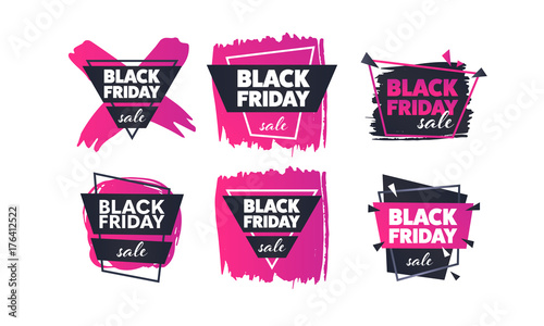 Black Friday Sale banner. Creative badge with ink splashes, paint strokes, geometric shapes. End of season, discount, sale tag. Banner for business, promotion and advertising. Vector illustration.