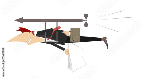 Man flies ahead concept isolated. Businessman with papers and bag flies ahead using an arrow with the airscrew
