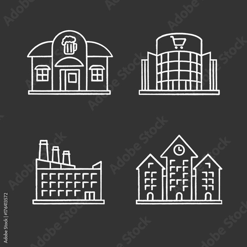 City buildings chalk icons set